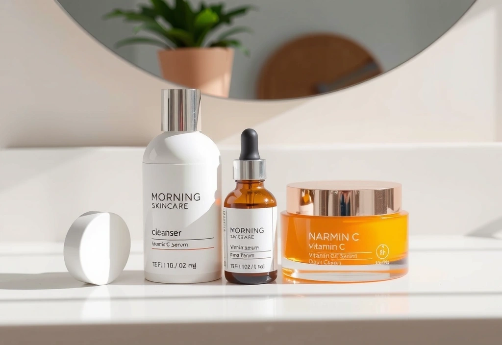 Morning skincare products arranged elegantly on a bright vanity