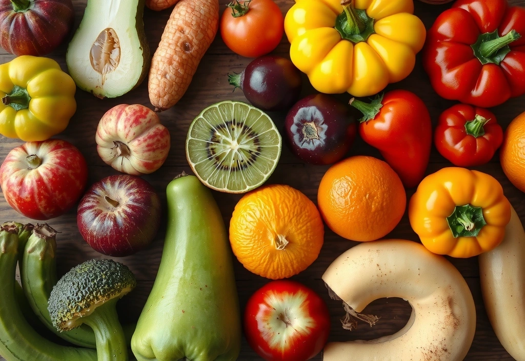 A close-up of colorful fresh fruits and vegetables on a wooden table, representing a balanced diet and healthy eating. No text or letters.