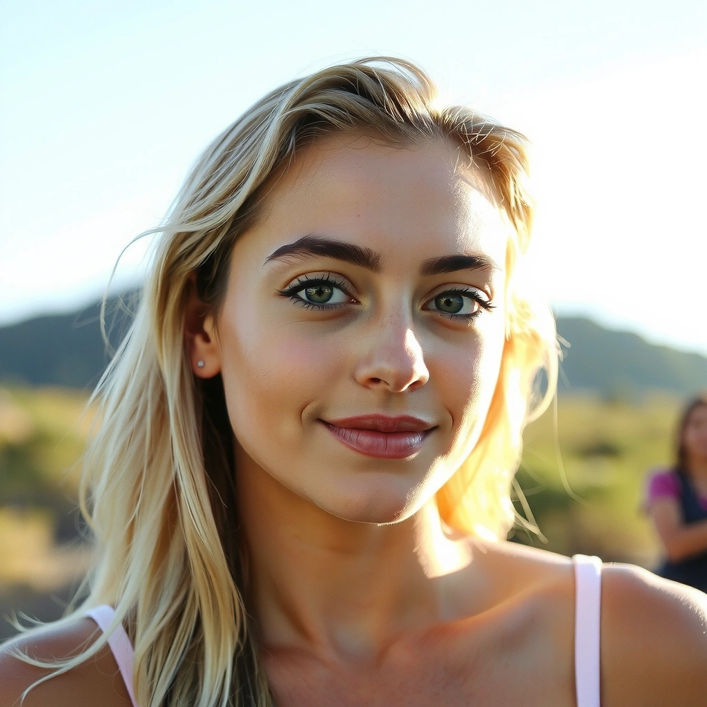 Portrait of a young woman in her 20s with glowing, clear skin, outdoor natural lighting.